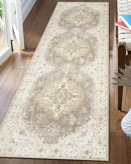 MUJOO Hallway Runner Rug 2'x8' Beige,Long Boho Rug Runners Washable Non Slip Carpet for Entryway Kitchen Bathroom Bedside,Vintage Bohemian Distressed Farmhouse Non Slip Carpet,Floral