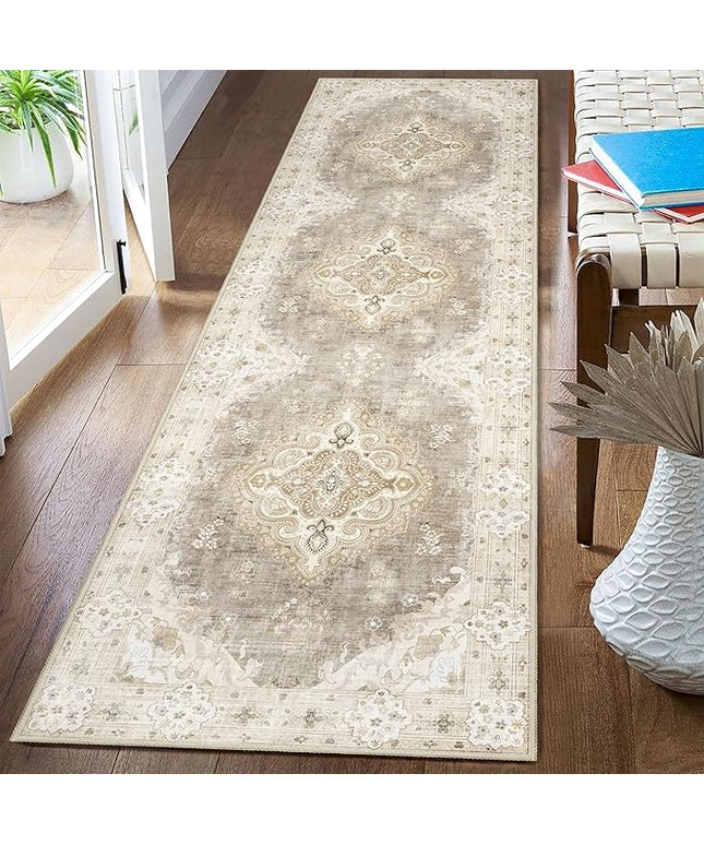 MUJOO Hallway Runner Rug 2'x8' Beige,Long Boho Rug Runners Washable Non Slip Carpet for Entryway Kitchen Bathroom Bedside,Vintage Bohemian Distressed Farmhouse Non Slip Carpet,Floral