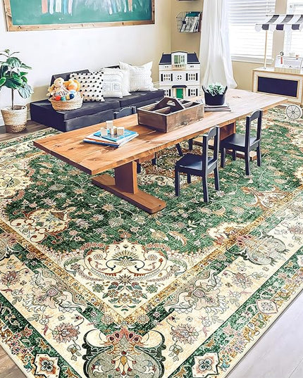 9'x12' Area Rugs Washable,Large Green Rug for Living Room Bedroom Dining Room,Boho Vintage Bohemian Distressed Oriental Carpet Non Slip,Retro Sage Floral