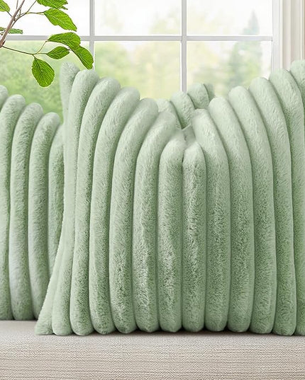 decorUhome Faux Fur Spring Throw Pillow Covers 22x22 Set of 2, Decorative Soft Plush Striped Neutral Couch Euro Pillow Covers with Velvet Back for Sofa, Bed, Living Room Home Decor, Sage Green
