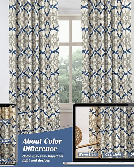 DriftAway Alexander Blackout Curtains for Living Room Linen Blend Pattern Match Thermal Insulated Room Darkening Geo Moroccan Mid Century Back Tab Bedroom Drapes 2 Panels 52 x 96 Inch Linen Navy