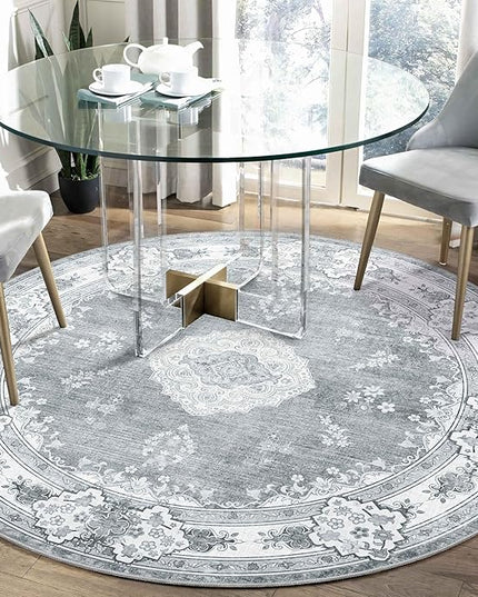 MUJOO Grey Round Rug 5ft,Circle Washable Area Rugs for Bedroom Living Room Bathroom,Boho Vintage Bohemian Distressed Farmhouse Large Non Slip Circular Carpet,Floral