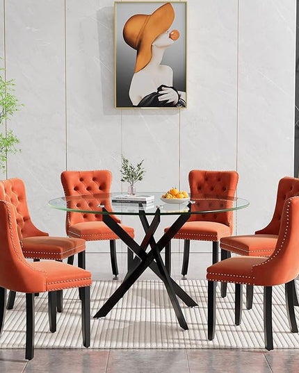 HomVent 7 Piece Round Glass Dining Table Set, Tempered Glass Dinner Table Set for 6 Kitchen Table Set with 6 Velvet Upholstered Chairs for Kitchen Dining Room