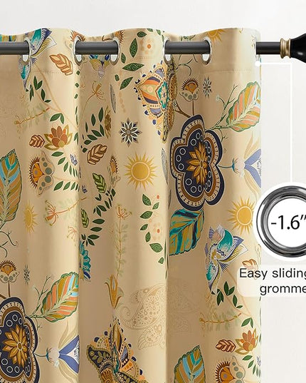XiDi Beige Floral Curtains 90 Inches Long 2 Panels Vintage Patterned Blackout Curtains for Bedroom Living Room Thermal Insulated Grommet Rustic Luxury Colorful Botanical Flower Printed Drapes 52x90