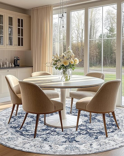 jinchan Fiora Round Rug 8ft Area Rugs Vintage Floral Distressed Design Machine Washable Non-Slip Low-Pile Ultra-Thin Circle Rug for Living Room Dining Room Bedroom Farmhouse (8' Round, Dark Blue)
