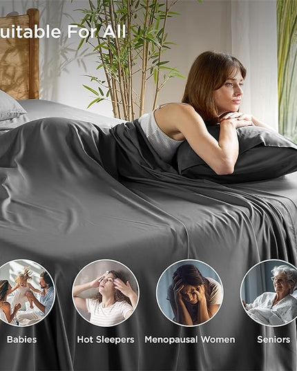 Bedsure King Size Sheets Set, Cooling Sheets for Hot Sleepers, Rayon Derived from Bamboo, Breathable & Soft, Deep Pocket Up to 16 Inches, Hotel Luxury Silky Bedding, Grey