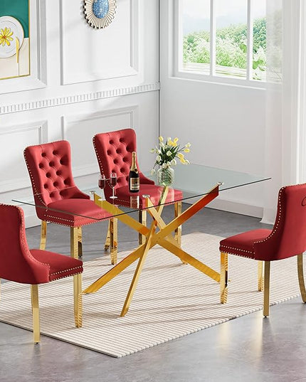 Rectangle Glass Dining Table Set for 4, 60'' Kitchen Table and Chairs Set, 5PCS Modern Dining Room Table Set with 4 Velvet Dining Chair for Home