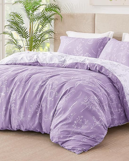 Love's cabin Lavender Comforter Set Queen - Queen Size Comforter Set, 3 Pieces Cute Floral Bedding Sets for All Seasons,1 Soft Reversible Botanical Flowers Comforter and 2 Pillow Shams