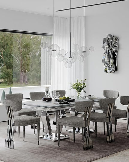 78" Dining Table, Glam Dining Room Table with Metal Mirrored Pedestal, Silver and Grey Kitchen Table for 4-8