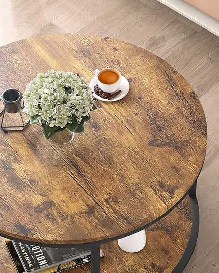 NSdirect Round Coffee Table, 25.6" Small Coffee Table for Living Room,2-Tier Rustic Wood Desktop with Storage Shelf Modern Design Home Furniture(Brown)