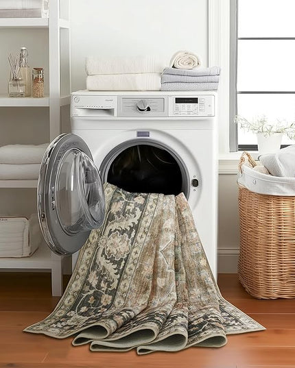 ReaLife Rugs Machine Washable Area Rug Runner - Living Room Bedroom Bathroom Kitchen Entryway - Padded Low Pile Stain Resistant Premium - Boho Farmhouse Vintage - BEV - Beige Tan Brown 2'6" x 8'