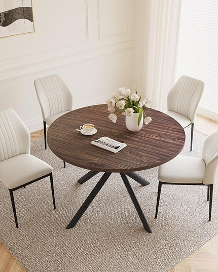 45.3'' Walnut Round Dining Table Set for 4, Mid Century Modern Small Coffee Set for Dining Room Kitchen Apartment (Dark Walnut Table + 4 White Chairs)