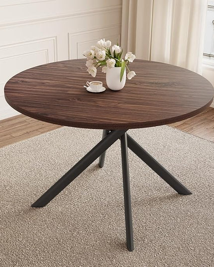 45.3 Inch Modern Round Dining Table for 4, Space-Saving Dinette with Carbon Steel Legs for Home Kitchen Apartment(Dark Walnut Table)
