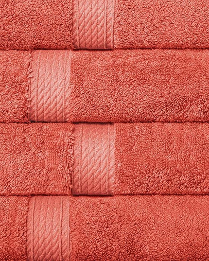 Superior Egyptian Cotton Pile Hand Towel Set of 4, Ultra Soft Luxury Towels, Thick Plush Essentials, Absorbent Heavyweight, Guest Bath, Hotel, Spa, Home Bathroom, Shower Basics, Coral