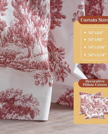 Maison d' Hermine Curtains for Living Room 100% Cotton 84 inch Length Two Panels Light Filtering Toile Curtains for Bedroom Windows with Rod and Loop Pockets Drapes (Trianon Red, 50" W x 84" L)