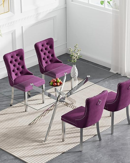 Rectangle Glass Dining Table Set for 4, 60'' Kitchen Table and Chairs Set, 5PCS Modern Dining Room Table Set with 4 Velvet Dining Chair for Home