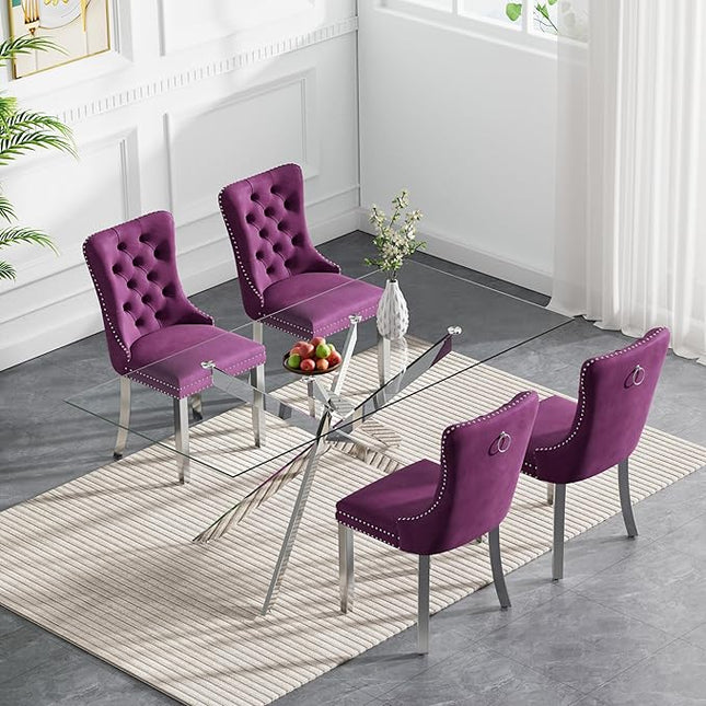 Rectangle Glass Dining Table Set for 4, 60'' Kitchen Table and Chairs Set, 5PCS Modern Dining Room Table Set with 4 Velvet Dining Chair for Home