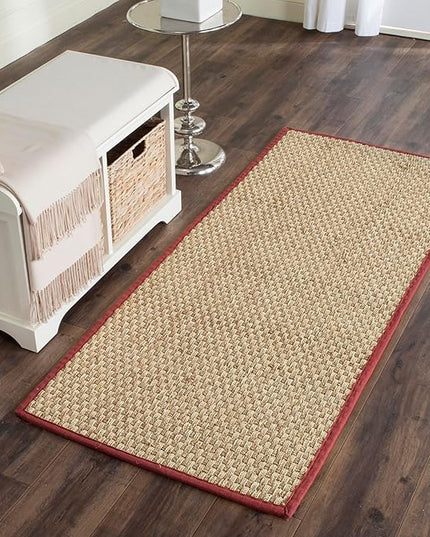 SAFAVIEH Natural Fiber Collection Runner Rug - 2'6" x 16', Natural & Red, Seagrass, Basketweave Pattern with Border (NF114D)
