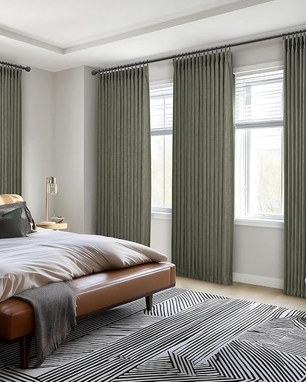 Loden Green Thick Linen Tall Bedroom Curtains 102 Inches Long 2 Panels, Memory Shape Pinch Pleated Blackout Double Layer Pivacy Soundproof Thermal Neutral Windows Curtain Room Divider 40 x 102 Inch