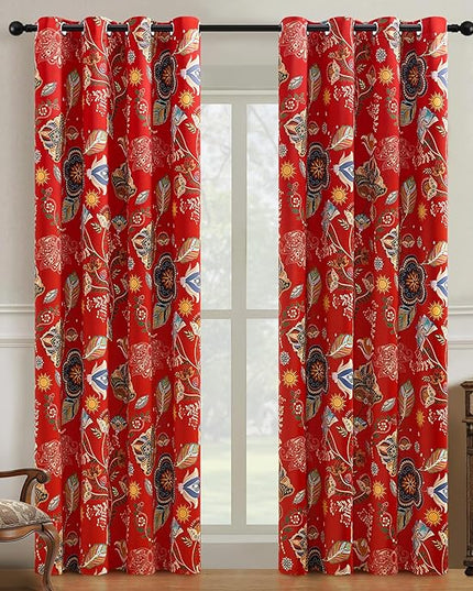 XiDi Red Floral Curtains 108 Inches Long 2 Panels 100% Blackout Vintage Botanical Leaf Patterned Curtains for Living Dining Room Thermal Insulated Room Darkening Luxury Colorful Drapes Grommet 52x108