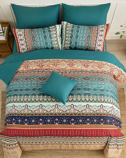 Boho Comforter Set California King Size 8 Pieces,Green and Brown Bohemian Striped Bed in a Bag,Floral Soft Microfiber Bedding Comforter Set for All Seasons