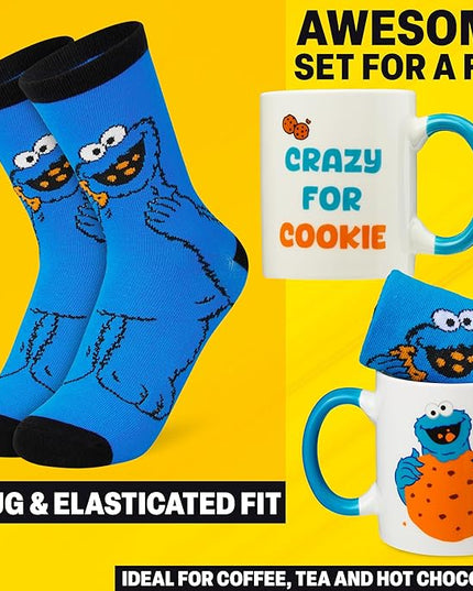 Get Trend Sesame Street Coffee Mug and Socks Set, 11.5 oz Ceramic Cup with Crew Socks, Elmo Drinkware Christmas, Secret Santa Gifts for Women (Multi Cookie Monster)