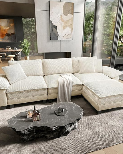 HERA'S HOUSE 124" Modular Sectional Sofa, Oversized L Shaped Couches for Living Room, Comfy Cloud Couch with Ottoman, 4-Seater Deep Seat Sofa with Throw Pillow, Corduroy and Chenille Beige