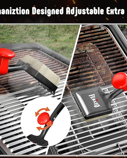 Grill Brush with Steam and 2 Replacement Brush Heads, 6-in-1 Bristle-Free with Interwoven-Tech & Thermal-Sensitive Sponge, Stainless Steel Scraper, 360° Rotating Knob, Bottle Opener