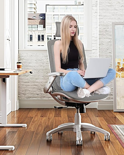 GABRYLLY Ergonomic Office Chair, High Back Home Desk Chair with Headrest, Flip-Up Arms, 90-120° Tilt Lock and Wide Cushion, 400LBS Mesh Chairs for Man Woman, White Task Chair(Dark Grey,GY01WDG)