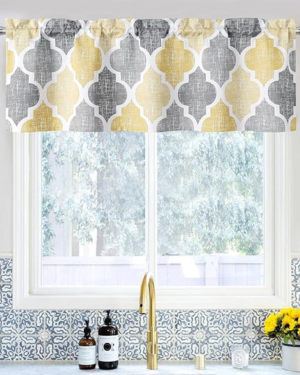 Beauoop Blackout Window Valances Curtains Geometric Quatrefoil Trellis Printed Room Darkening Thermal Insulated Rod Pocket Short Valance Curtains Cafe Bathroom, Yellow/Gray, 50" W x 18" L, 1 Panel