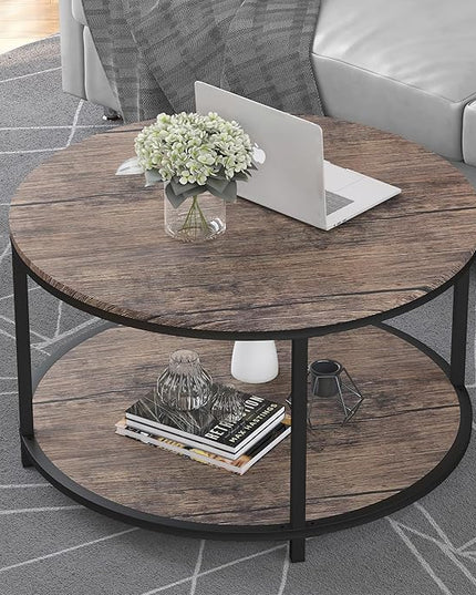 NSdirect Round Coffee Table, 27.5" Small Coffee Table for Living Room,2-Tier Rustic Wood Desktop with Storage Shelf Modern Design Home Furniture(Light Walnut)