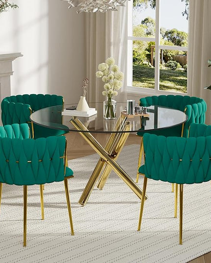 Gold Round Dining Room Table Set for 4, 47'' Modern Luxury Circle Kitchen Table Set, 5 Pieces Large Clear Circular Glass Top Dinner Set, Green Woven Chairs Set, for Apartment Living Room