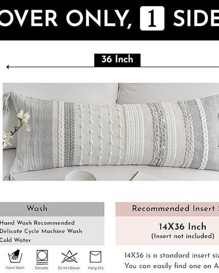 BlissBlush Gray Decorative Lumbar Pillow Cover 14x36, Grey Boho Long Body Pillow for Bed, Farmhouse Lumbar Throw Pillow for Couch, Modern Accent Textured Throw Pillowcase