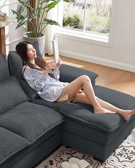 110“ Convertible Sectional Sofa, U Shape Cloud Couch, Comfy Couches with Double Chaise and Sleepable Armrests, 4 Seats Sectional Couches for Living Room, Dark Grey