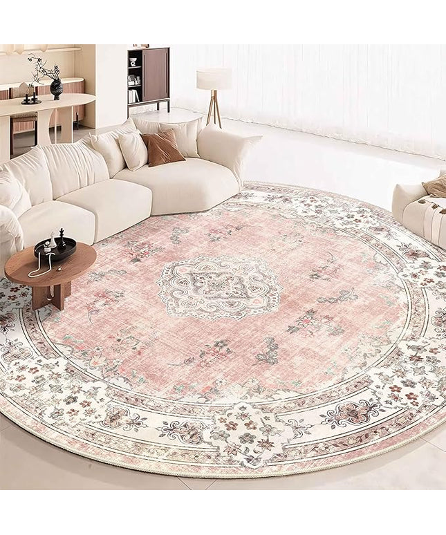 MUJOO Pink Round Rug 9ft,Large Circle Washable Area Rugs for Bedroom Living Room Bathroom,Boho Non Slip Circular Carpet,Blush Floral