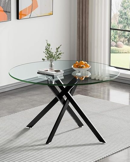 HomVent 5 Piece Round Glass Dining Table Set, Tempered Glass Dinner Table Set for 4 Kitchen Table Set with 4 Velvet Upholstered Chairs for Kitchen Dining Room