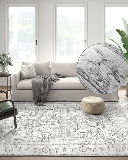 jinchan Lima 8x10 Area Rug for Living Room Washable Soft Throw Rug Ultra-Thin Stain Resistant Non-Slip Distressed Vintage Floral Large Carpet for Bedroom Dining Room Home Office Nursery (8x10ft, Grey)