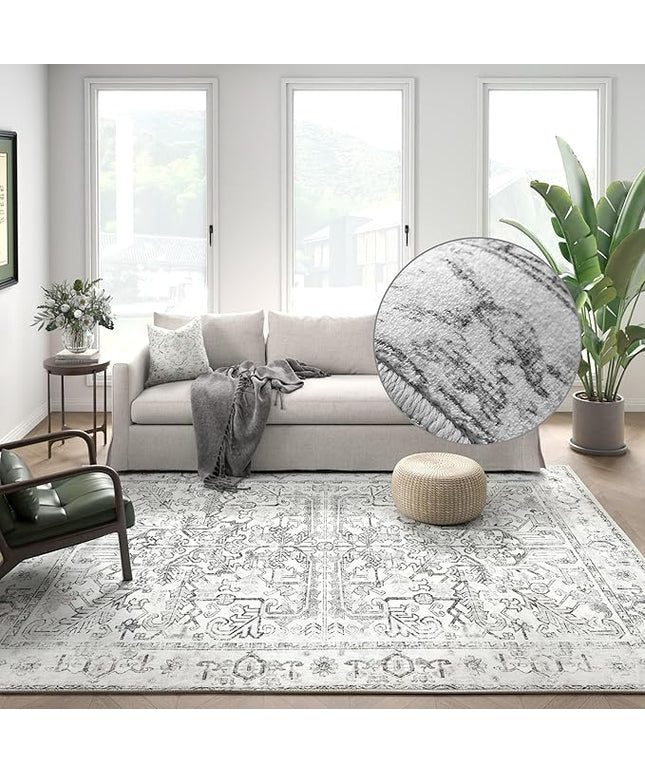 jinchan Lima 8x10 Area Rug for Living Room Washable Soft Throw Rug Ultra-Thin Stain Resistant Non-Slip Distressed Vintage Floral Large Carpet for Bedroom Dining Room Home Office Nursery (8x10ft, Grey)
