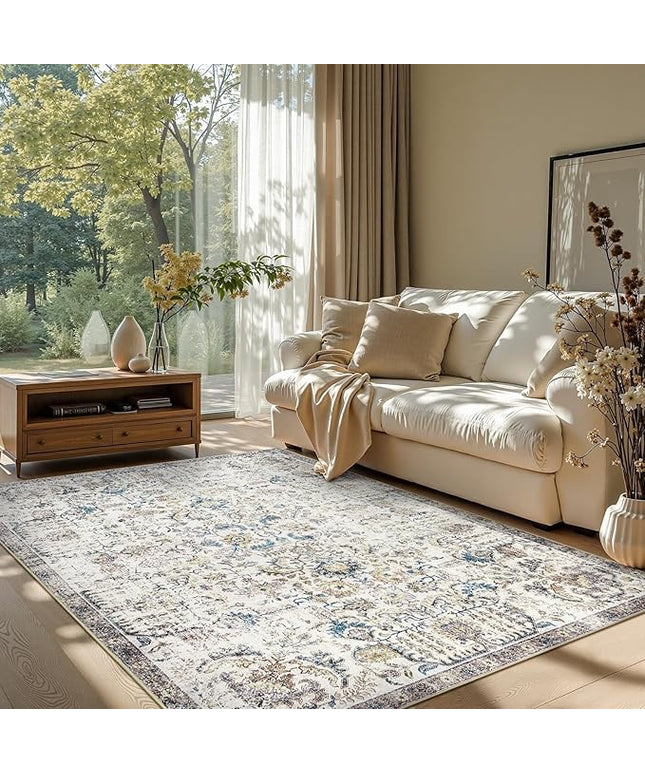 jinchan Kalen Area Rug 5x7 Washable Living Room Rug Vintage Indoor Floor Cover Retro Distressed Floral Country Boho Lightweight Non Slip Carpet for Kitchen Bedroom Dining Room Office Blue