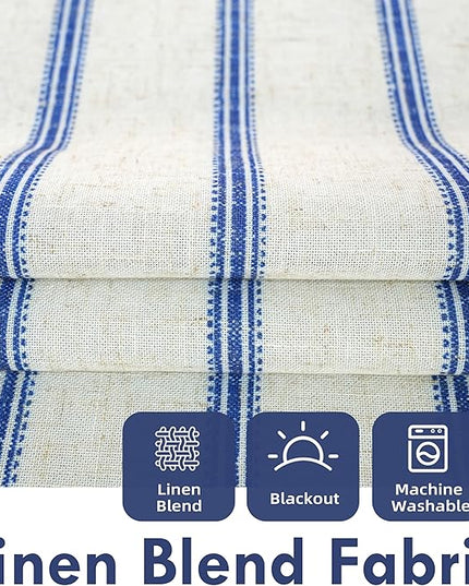 DriftAway Farmhouse Linen Blend Blackout Curtains 96 Inches Long for Bedroom Vertical Striped Printed Linen Curtains Thermal Insulated Lined Treatments for Living Room 2 Panels W52 x L96 Linen Navy