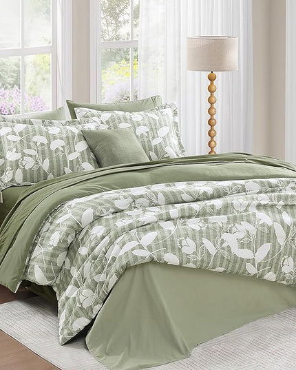 King Comforter Set -7 Pieces Sage Green Floral Comforter Set for All Seasons, Bed in a Bag King with Botanical Flowers Comforter, Sheets, Pillowcases & Shams