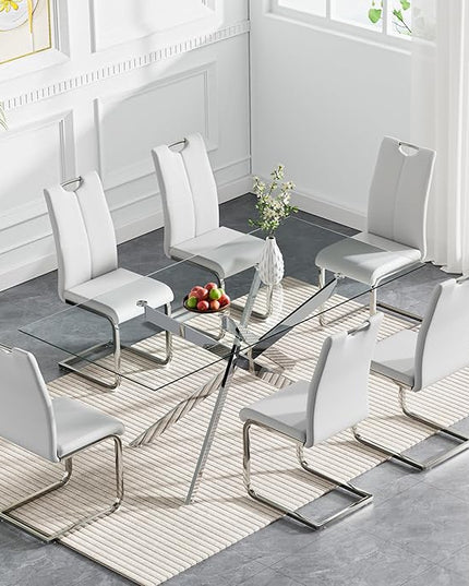 HomVent 7 Piece Rectangular Glass Dining Table Set, Rectangular Glass Kitchen Table Set for 6 with 6 PU Upholstered Dining Chairs for Kitchen Dining Room