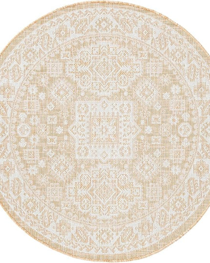 Rugs.com Outdoor Aztec Collection Rug – 4 Ft Round Natural Flatweave Rug Perfect for Kitchens, Dining Rooms