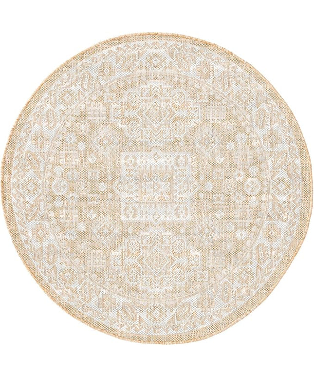 Rugs.com Outdoor Aztec Collection Rug – 4 Ft Round Natural Flatweave Rug Perfect for Kitchens, Dining Rooms