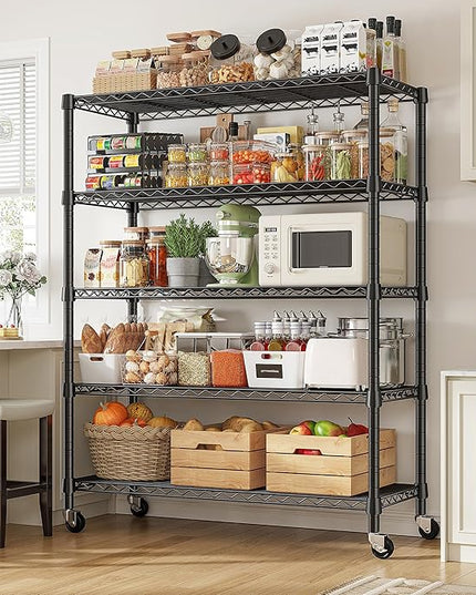 REIBII 1984LBS Storage Shelves with Wheels 75.2"H Wire Shelving Unit, Metal Shelving with Wheels & Feet, 5 Tier Adjustable Metal Dorm Storage Shelves for Pantry Kitchen Garage, 75.2"H x 35.5"W x 16"D