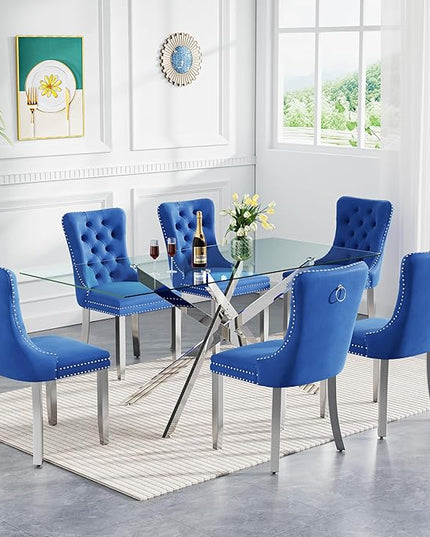 Rectangle Glass Dining Table Set for 6, 60'' Kitchen Table and Chairs Set, 7PCS Modern Dining Room Table Set with 6 Velvet Dining Chair for Home
