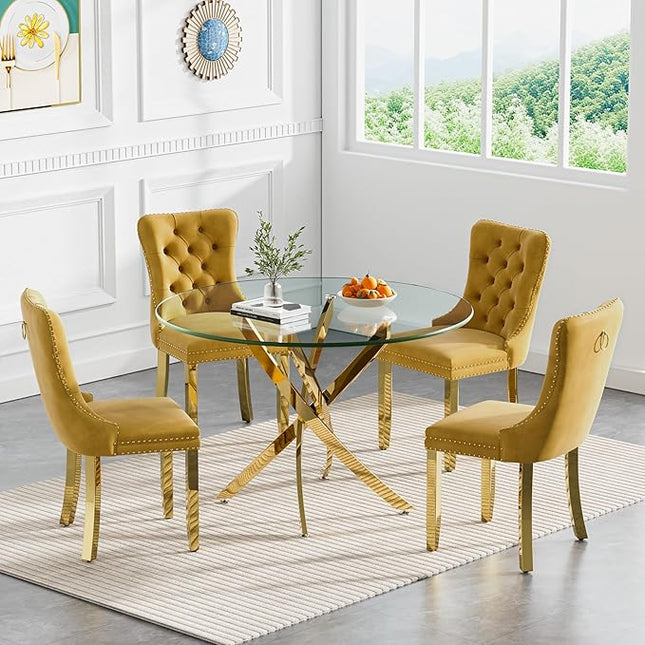 HomVent Round Glass Dining Table Set for 4, Modern Tempered Glass Kitchen Table Set and Chairs, Round Glass Dining Room Table Set for Kitchen