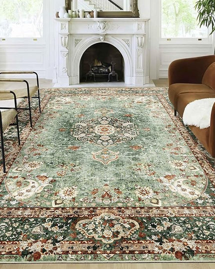 9x12 Area Rugs Washable,Green Rug for Living Room Bedroom Dining Room,Large Boho Vintage Bohemian Distressed Oriental Carpet Non Slip