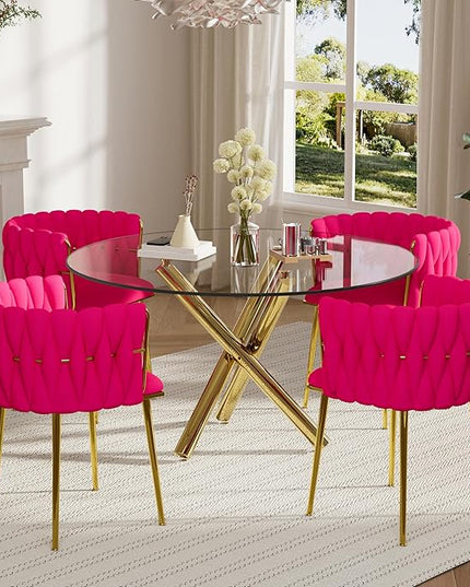 Gold Round Glass Dining Table Set for 4, 47'' Minimalist Circular Dinner Room Set, 5 PCS Modern Luxury Circle Kitchen Table with Rose Red Woven Chairs Set, for Large Apartment Living Room
