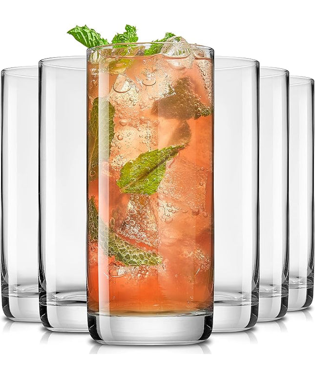 JoyJolt Faye 13oz Highball Glasses, 6pc Tall Glass Sets. Lead-Free Crystal Drinking Glasses. Water Glasses, Mojito Glass Cups, Tom Collins Bar Glassware, and Mixed Drink Cocktail Glass Set